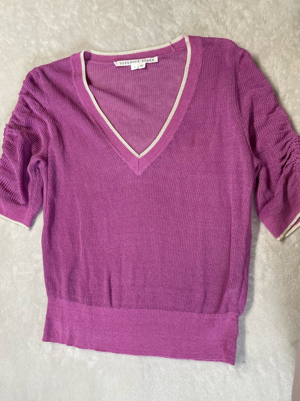 Veronica Beard Magenta Linen V-Neck Knit Sweater Cream Trim Ruched Sleeves Fall